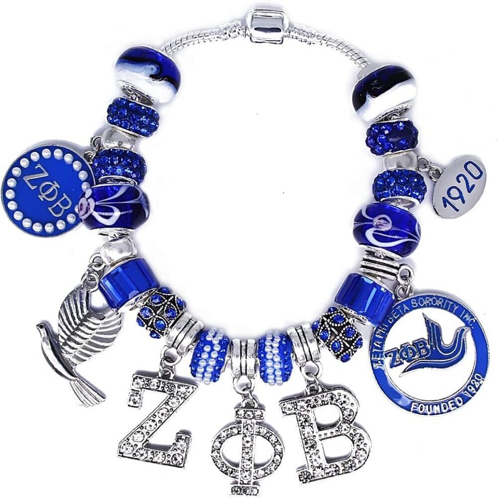Zeta Phi Beta Sorority Beaded Bracelet Rhinestone Blue Glass Charm Jewelry